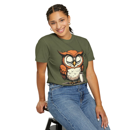 Sleepy Owl Coffee T-Shirt — "Gimme a Minute" Cute Morning Tee