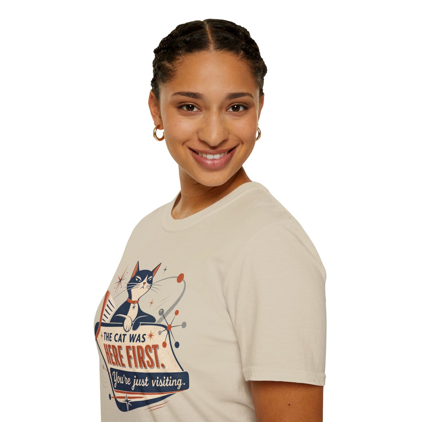 Cat Was Here First T-Shirt — Retro Mid-Century Kitty "You’re Just Visiting" Tee