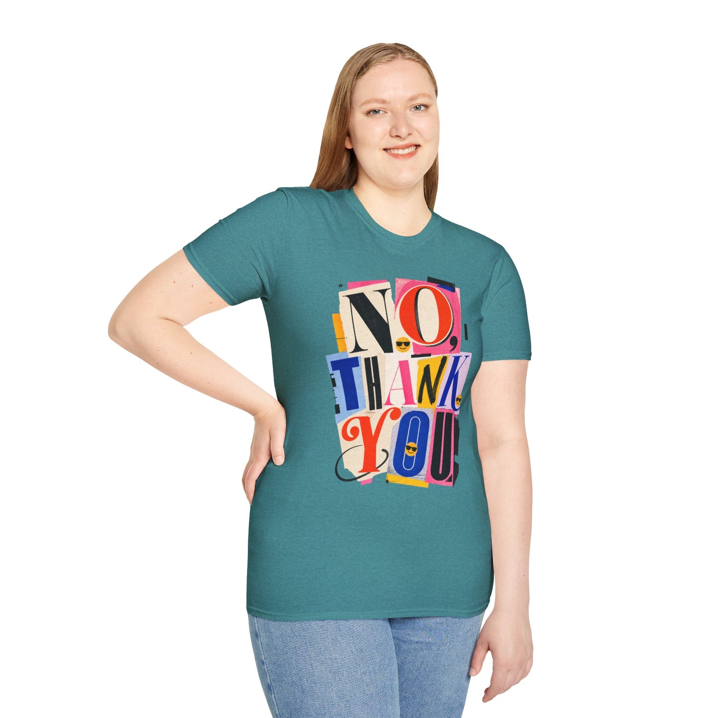 No, Thank You Graphic Tee — Colorful Bold Lettering T‑Shirt