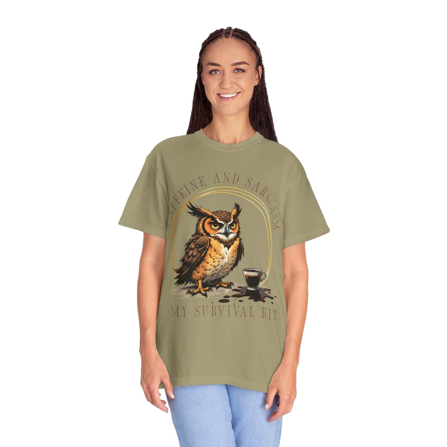 Coffee & Sarcasm Owl T-Shirt — "My Survival Kit" Graphic Tee