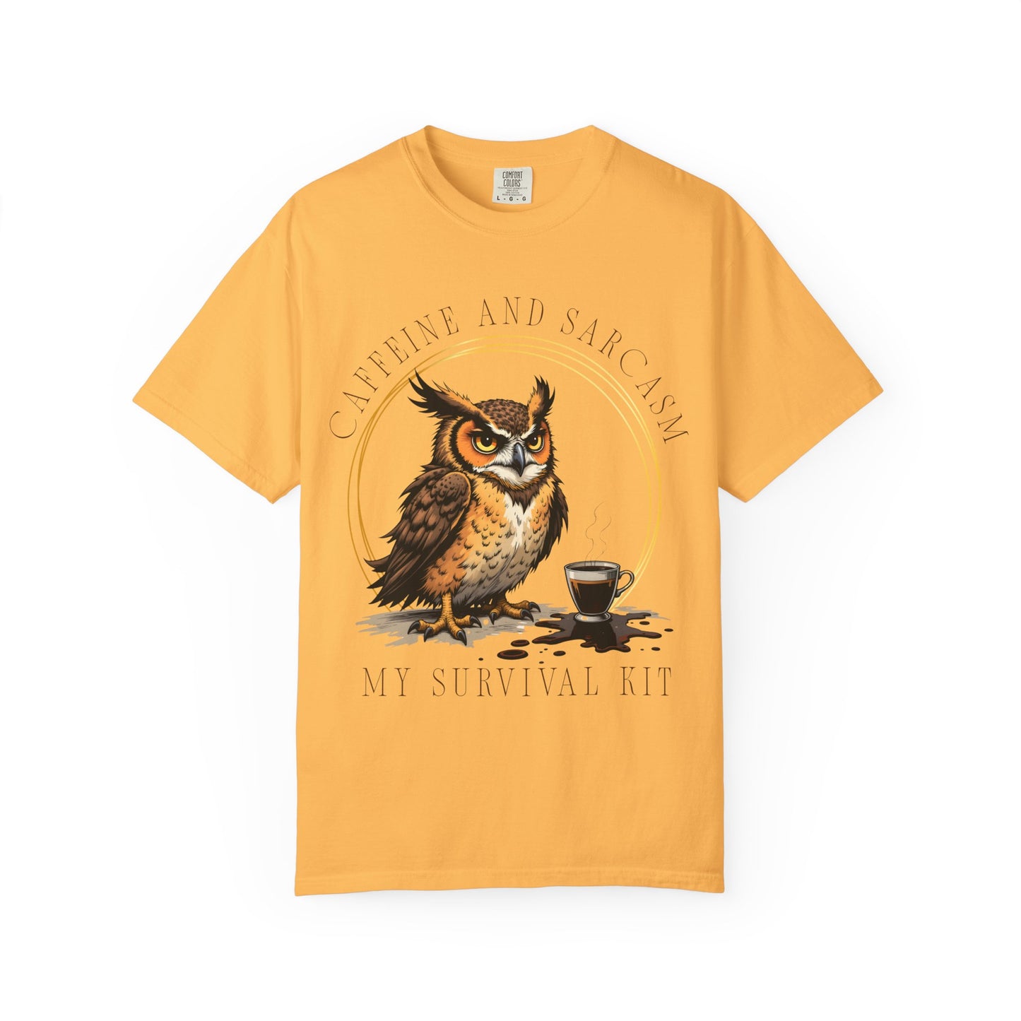 Coffee & Sarcasm Owl T-Shirt — "My Survival Kit" Graphic Tee