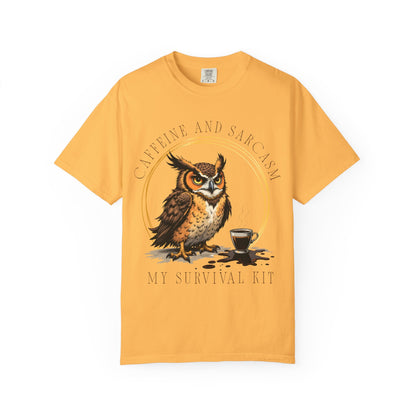 Coffee & Sarcasm Owl T-Shirt — "My Survival Kit" Graphic Tee