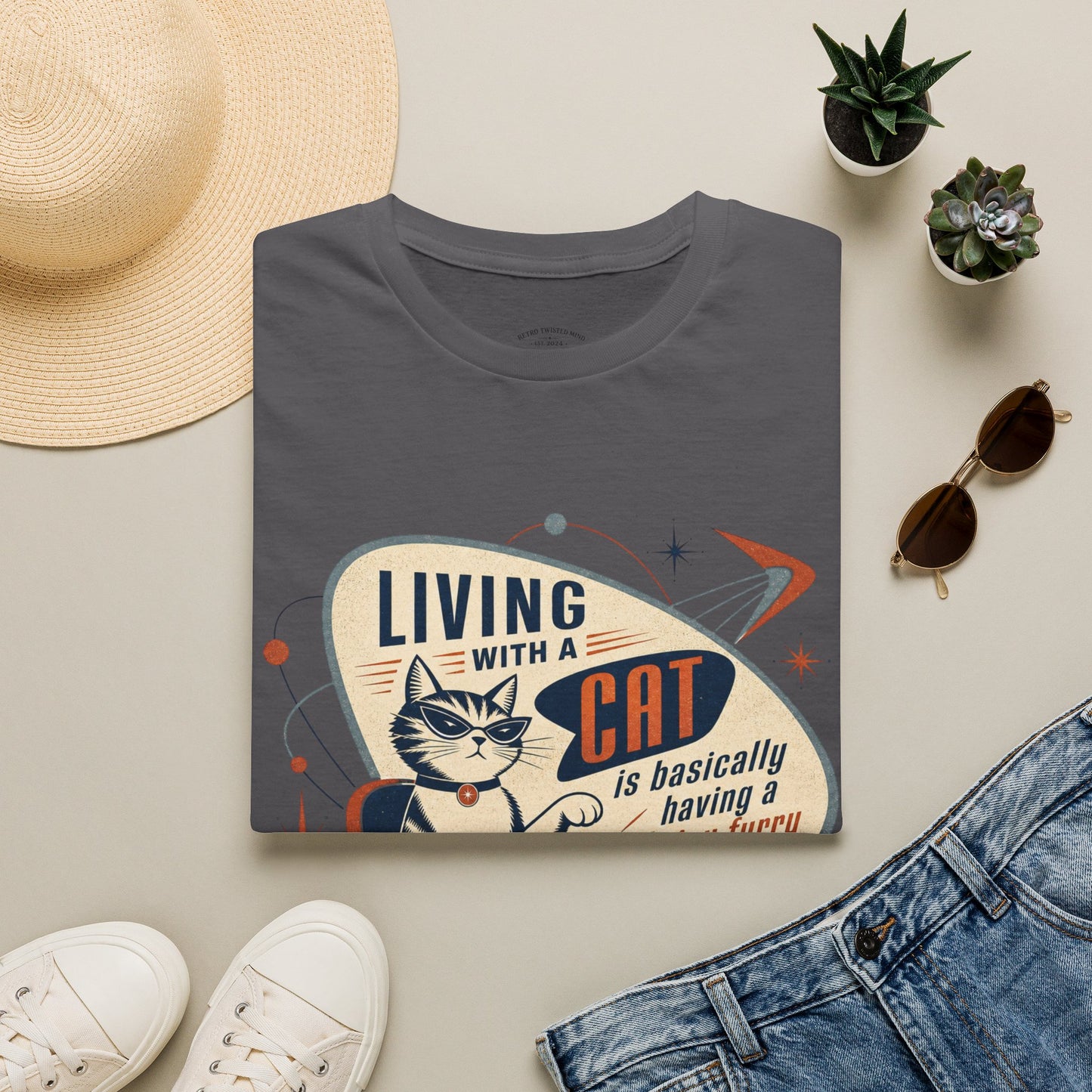 Cat T-Shirt — "Living with a Cat is Basically Having a Furry CEO" Retro Graphic