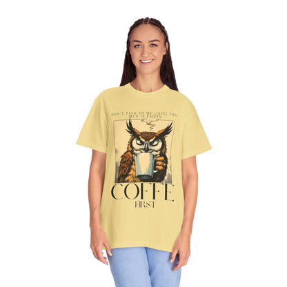 Coffee First Owl T-Shirt — Vintage Coffee Lover Graphic Tee