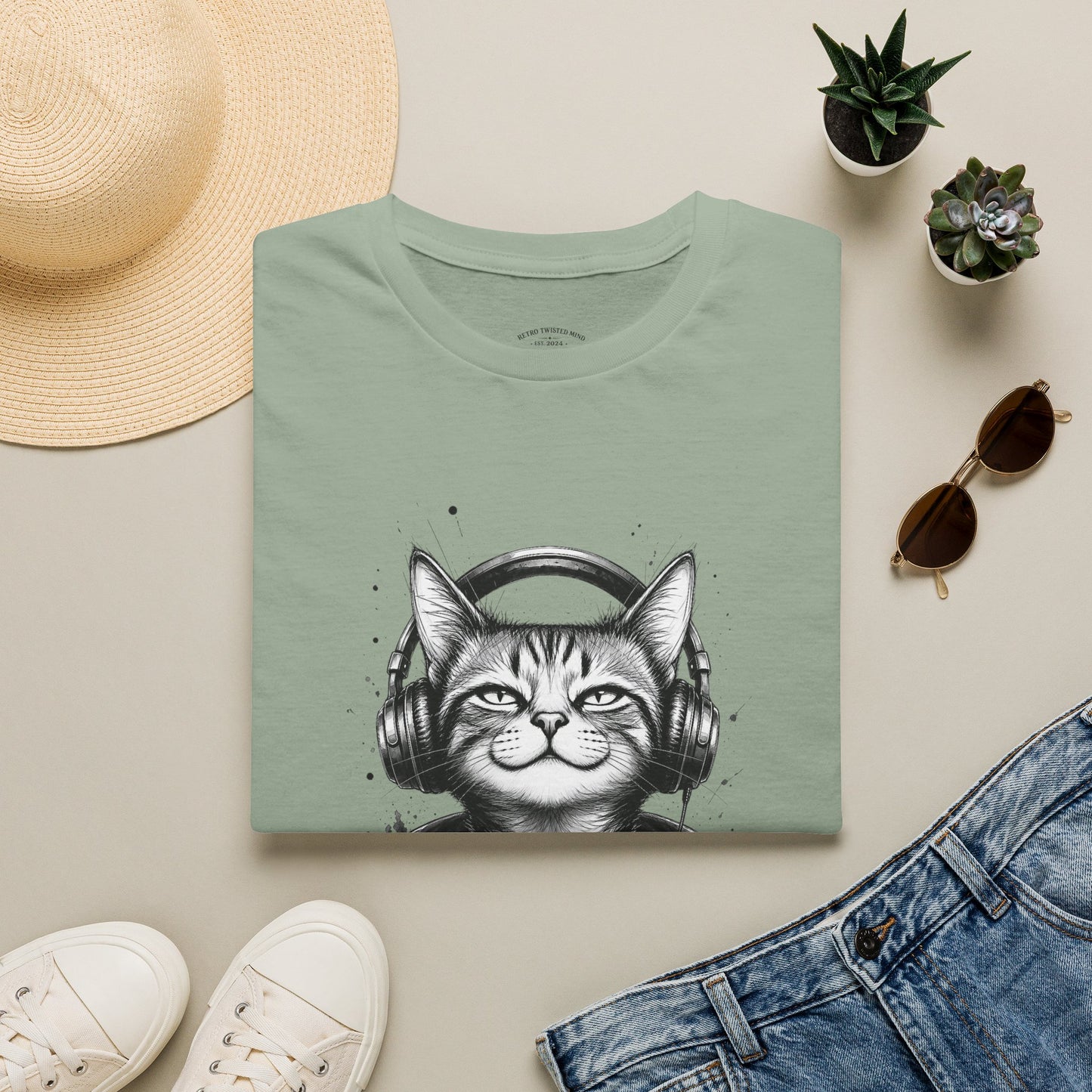 T-Shirt — Cat with Headphones "Mentally: Somewhere Else" – Cute Relaxed Graphic Tee for Cat Lovers