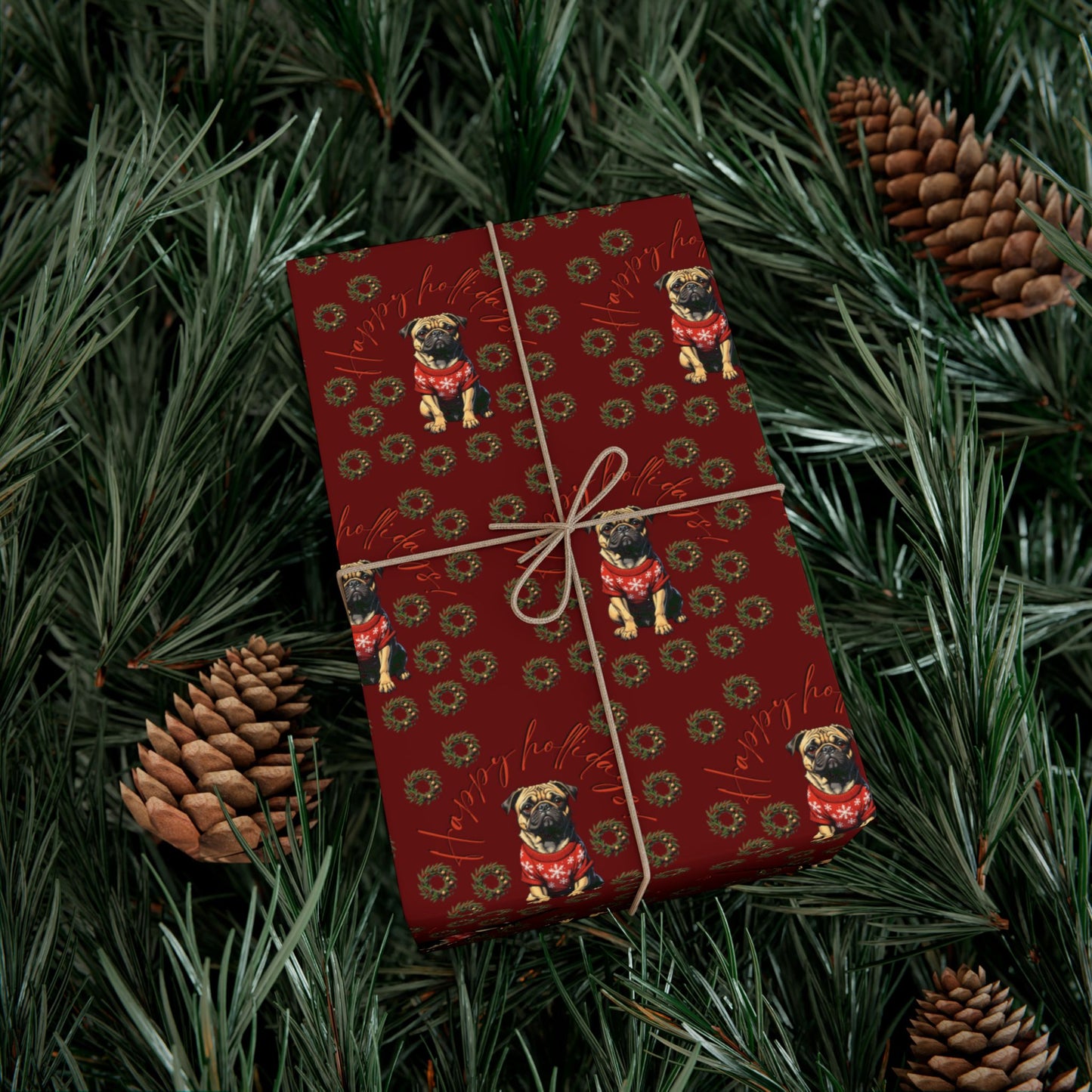 Pug Pattern Gift Wrap Paper — Vintage Floral Red Holiday Wrapping