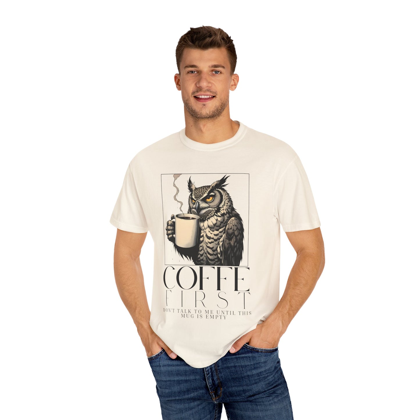 Coffee First Owl T-Shirt — Coffee Lover Graphic Tee