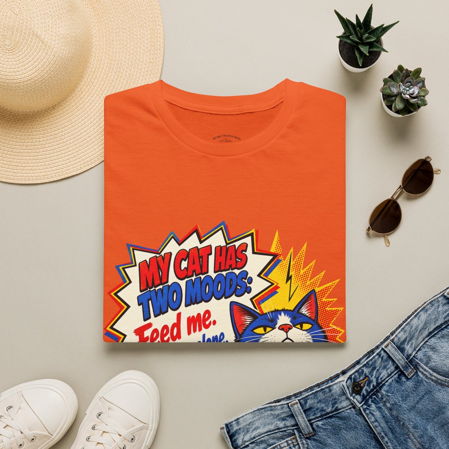 Cat T-Shirt — "My Cat Has Two Moods: Feed Me, Leave Me Alone" Funny Retro Comic Tee