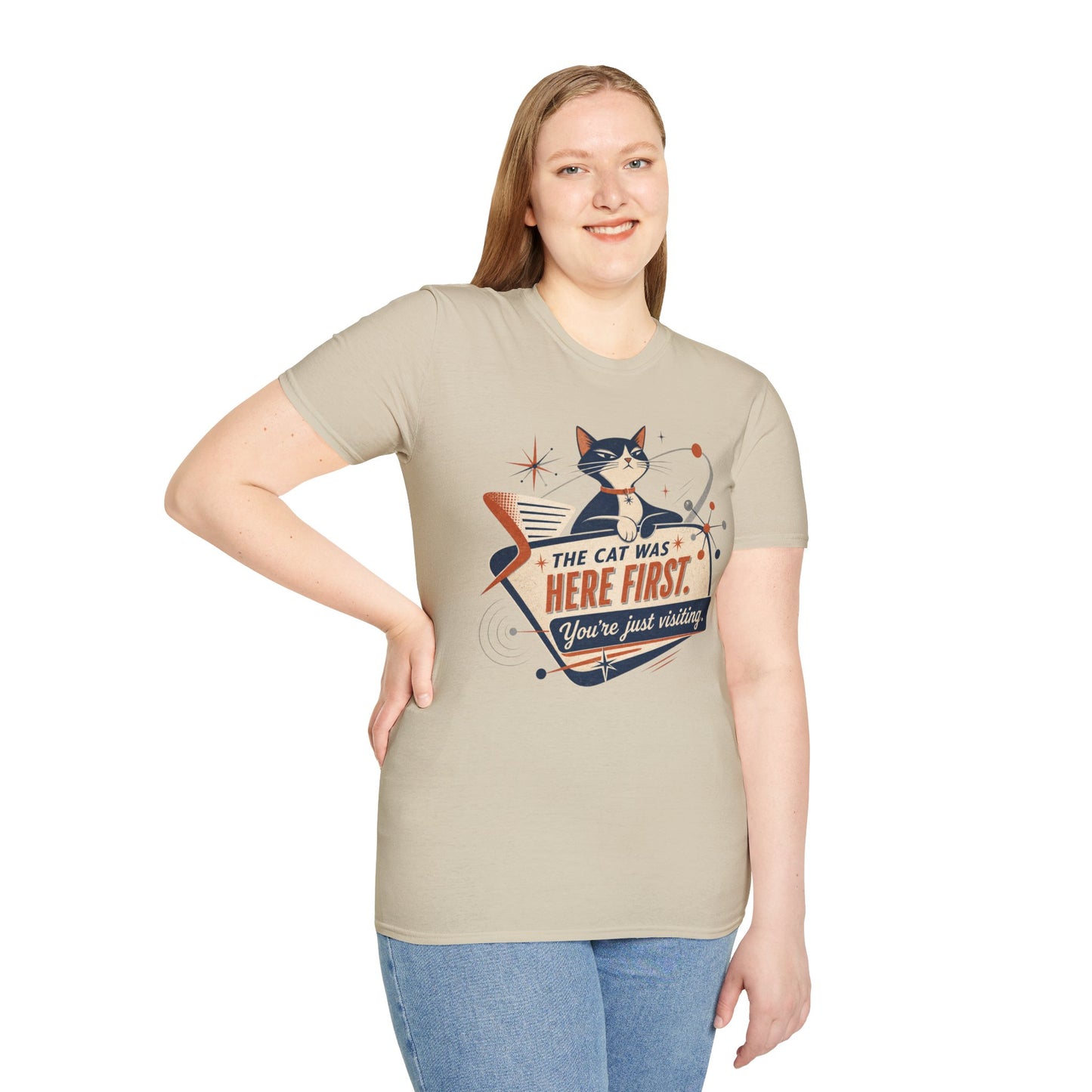 Cat Was Here First T-Shirt — Retro Mid-Century Kitty "You’re Just Visiting" Tee