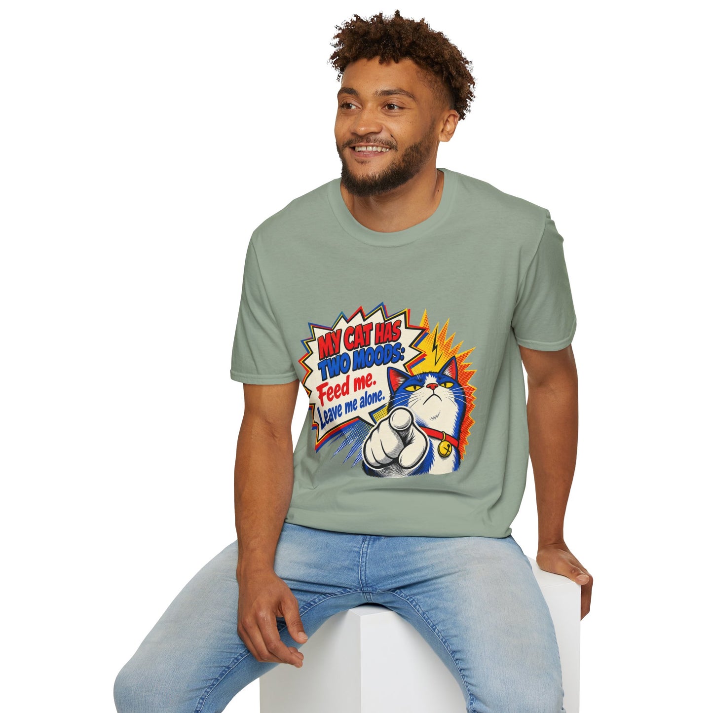 Cat T-Shirt — "My Cat Has Two Moods: Feed Me, Leave Me Alone" Funny Retro Comic Tee