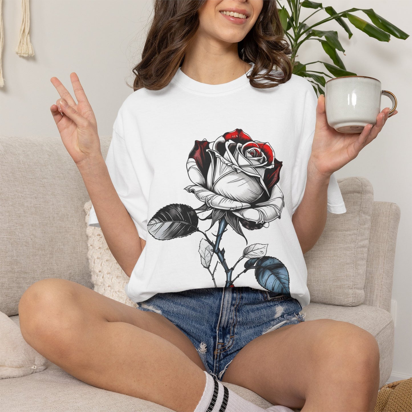 Rose Sketch T-Shirt — Black & Red Botanical Graphic Tee