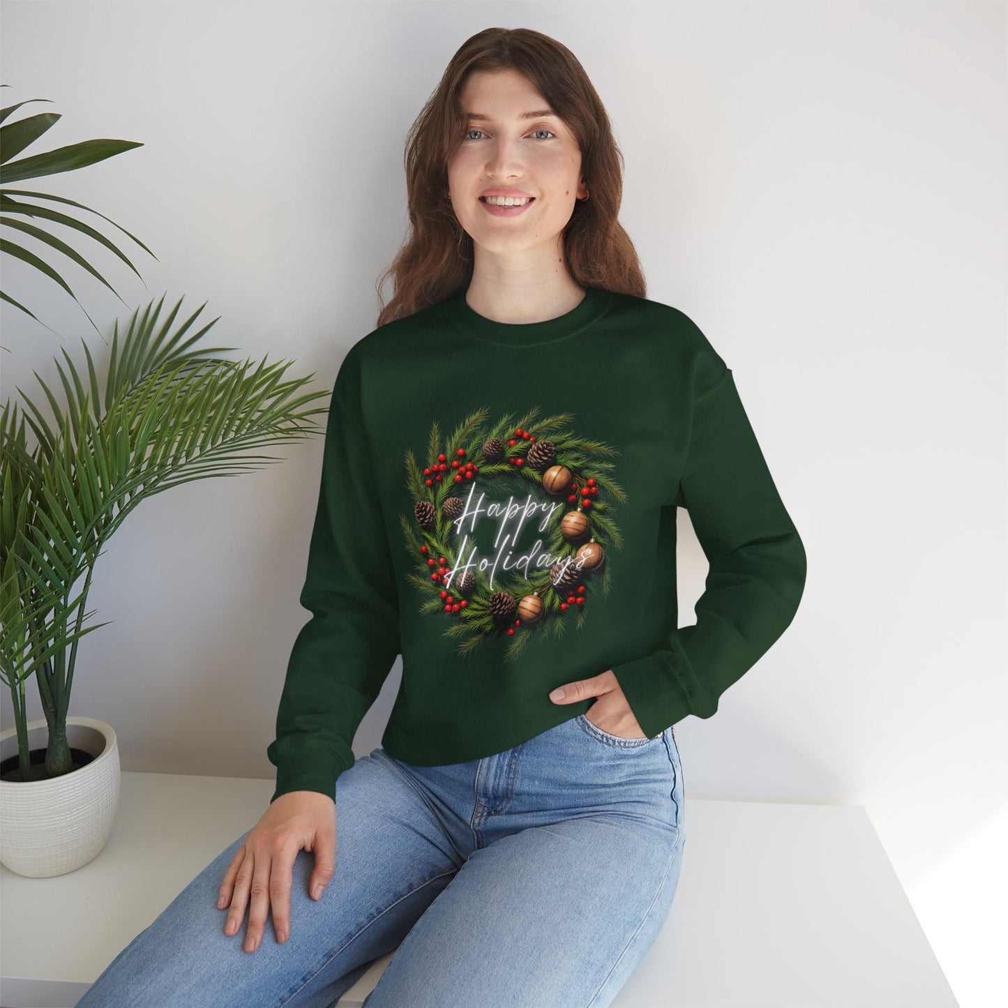 Christmas Wreath Crewneck Sweatshirt – Festive Pine & Ornaments Holiday Sweater