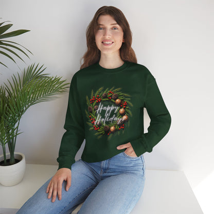 Christmas Wreath Crewneck Sweatshirt – Festive Pine & Ornaments Holiday Sweater