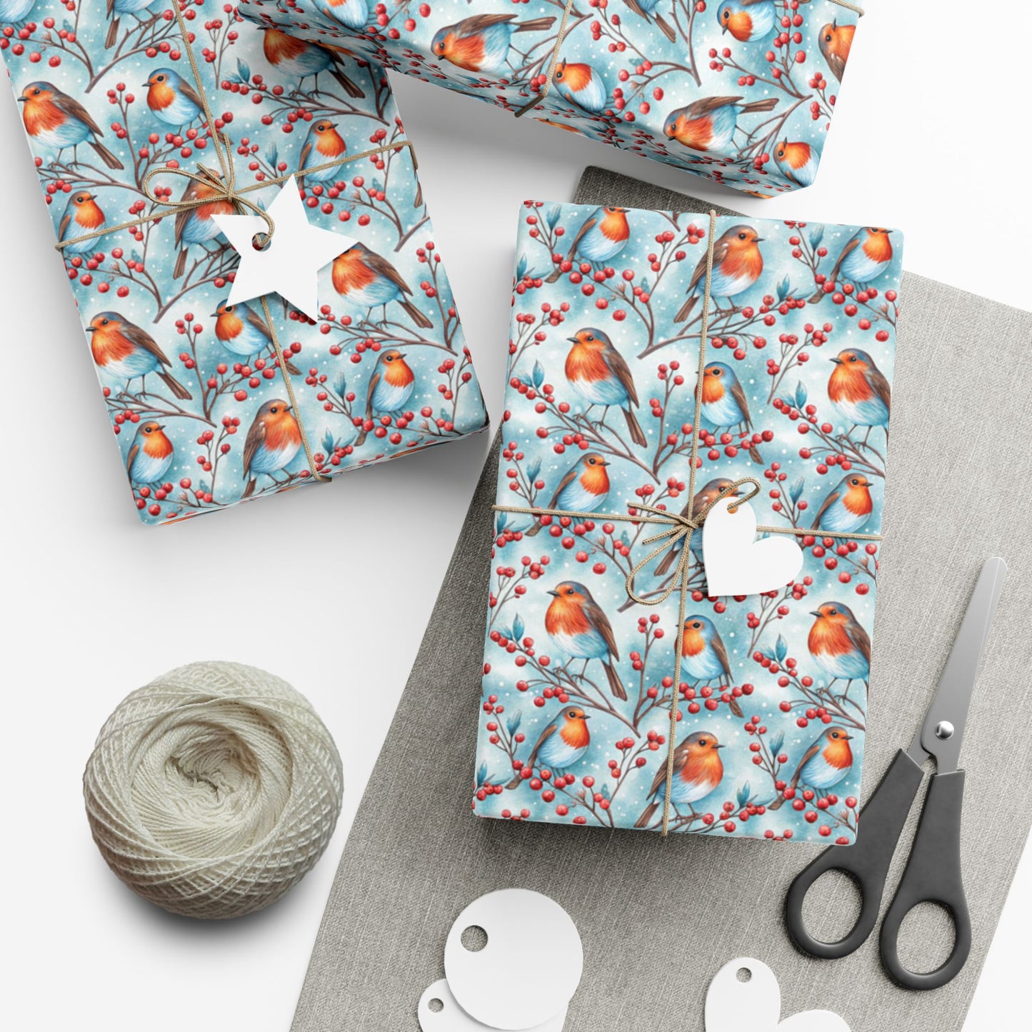 Robin & Berries Gift Wrap Paper — Winter Holiday Wrapping Sheets