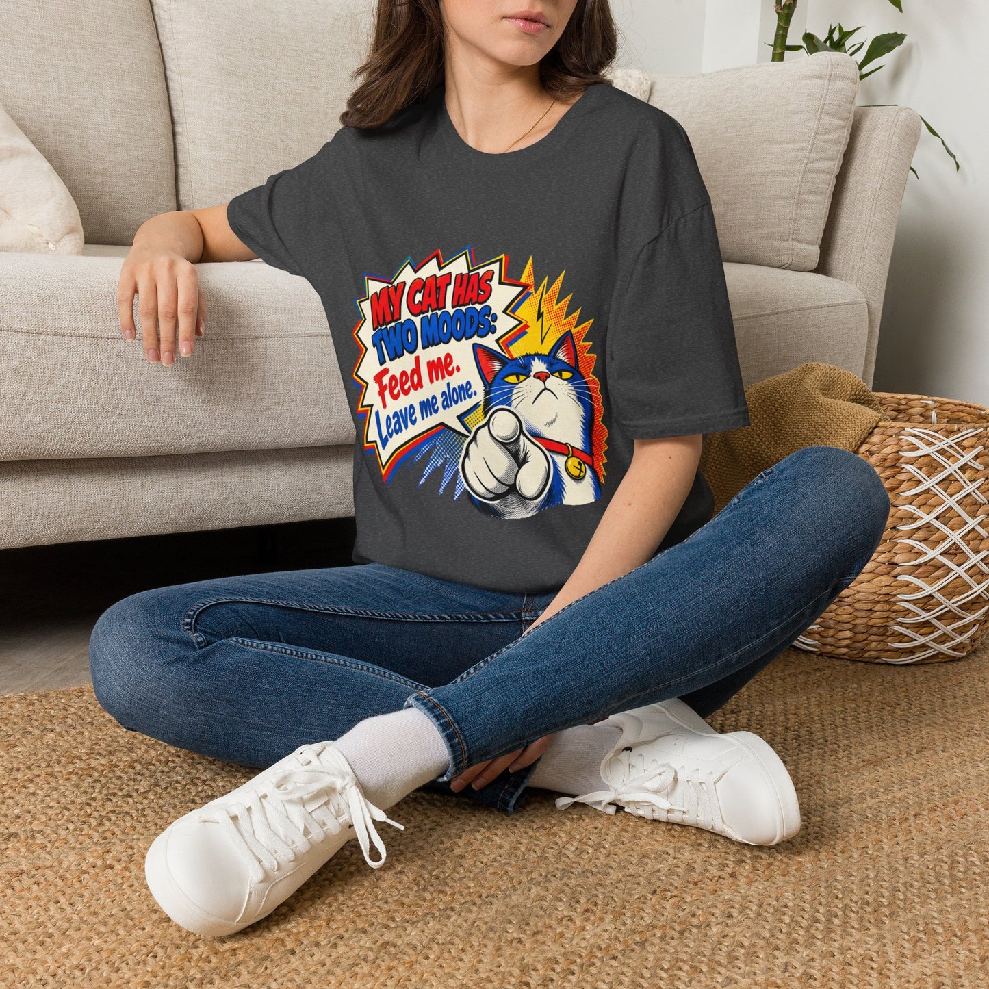 Cat T-Shirt — "My Cat Has Two Moods: Feed Me, Leave Me Alone" Funny Retro Comic Tee