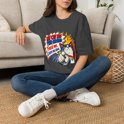 Cat T-Shirt — "My Cat Has Two Moods: Feed Me, Leave Me Alone" Funny Retro Comic Tee