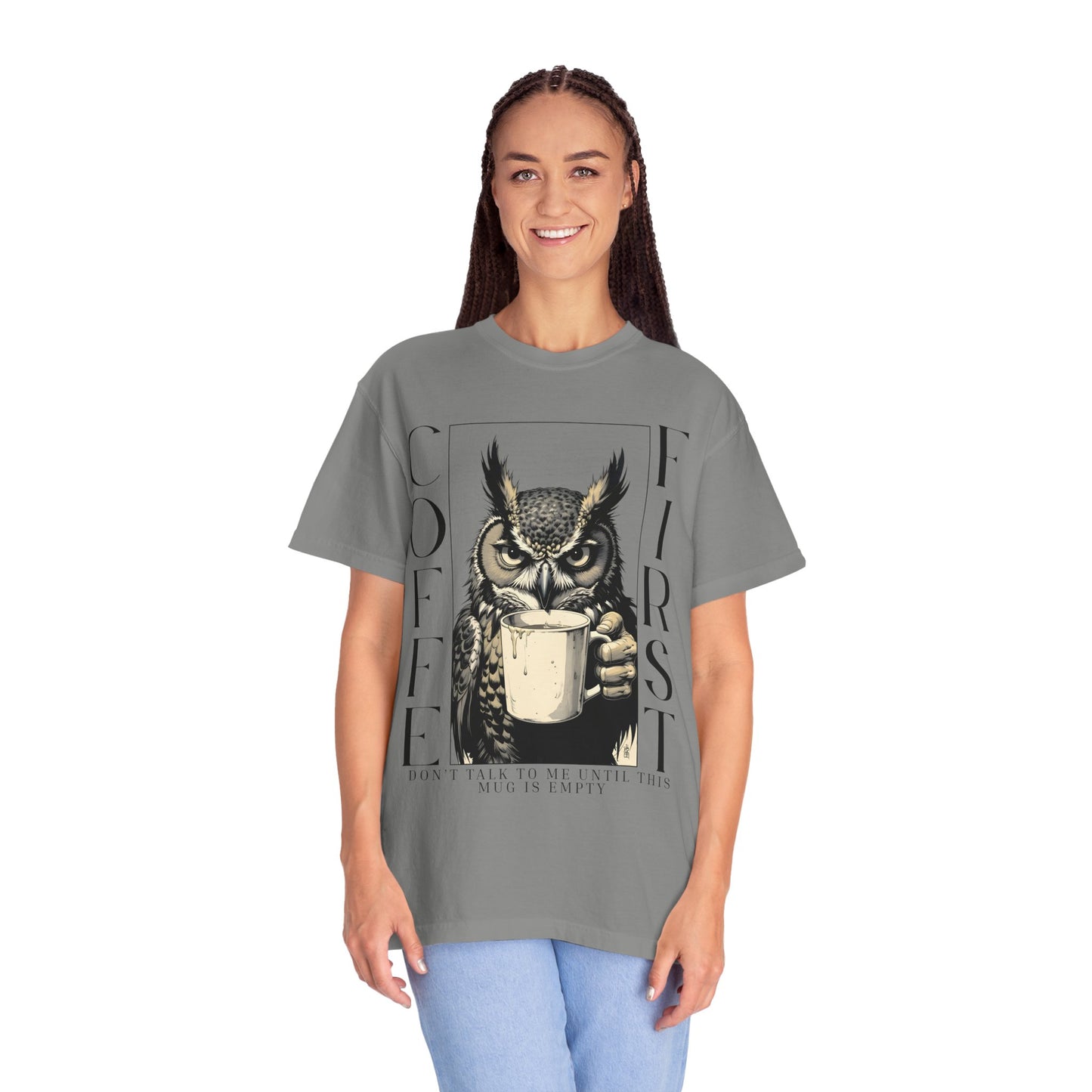 Coffee First Owl T-Shirt — Funny Morning Coffee Tee