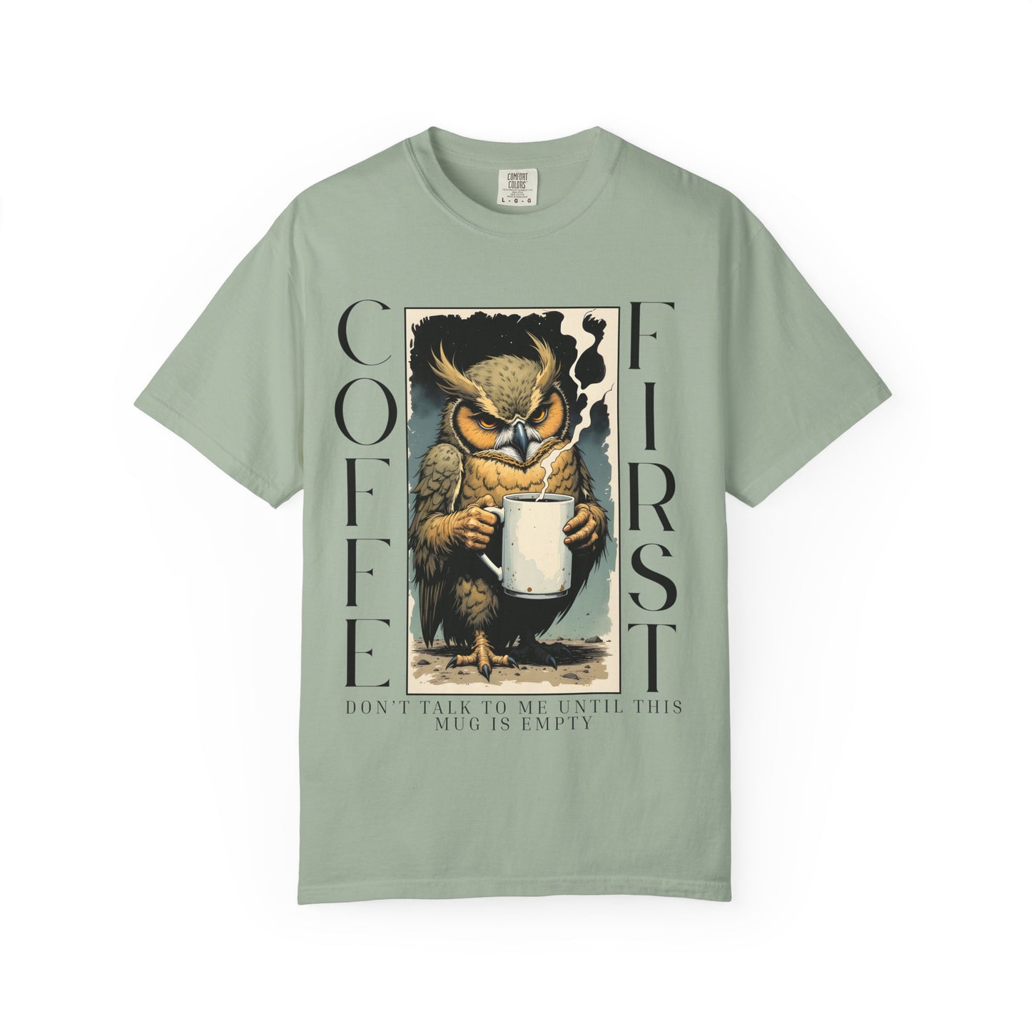 Coffee First Owl T-Shirt — Vintage Owl Holding  Graphic Tee