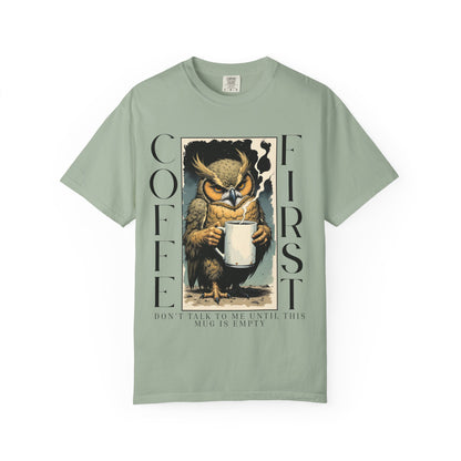 Coffee First Owl T-Shirt — Vintage Owl Holding  Graphic Tee