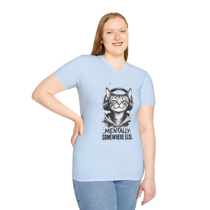 T-Shirt — Cat with Headphones "Mentally: Somewhere Else" – Cute Relaxed Graphic Tee for Cat Lovers