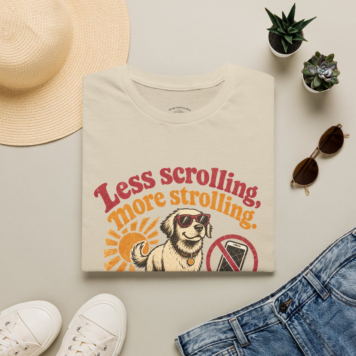 Less Scrolling More Strolling T-Shirt — Retro Dog Walk Graphic Tee