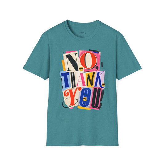 No, Thank You Graphic Tee — Colorful Bold Lettering T‑Shirt