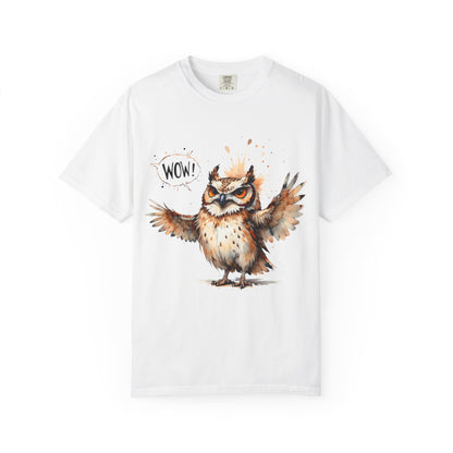 Owl Watercolor T-Shirt — Cute 'Wow!' Cartoon Owl Graphic Tee