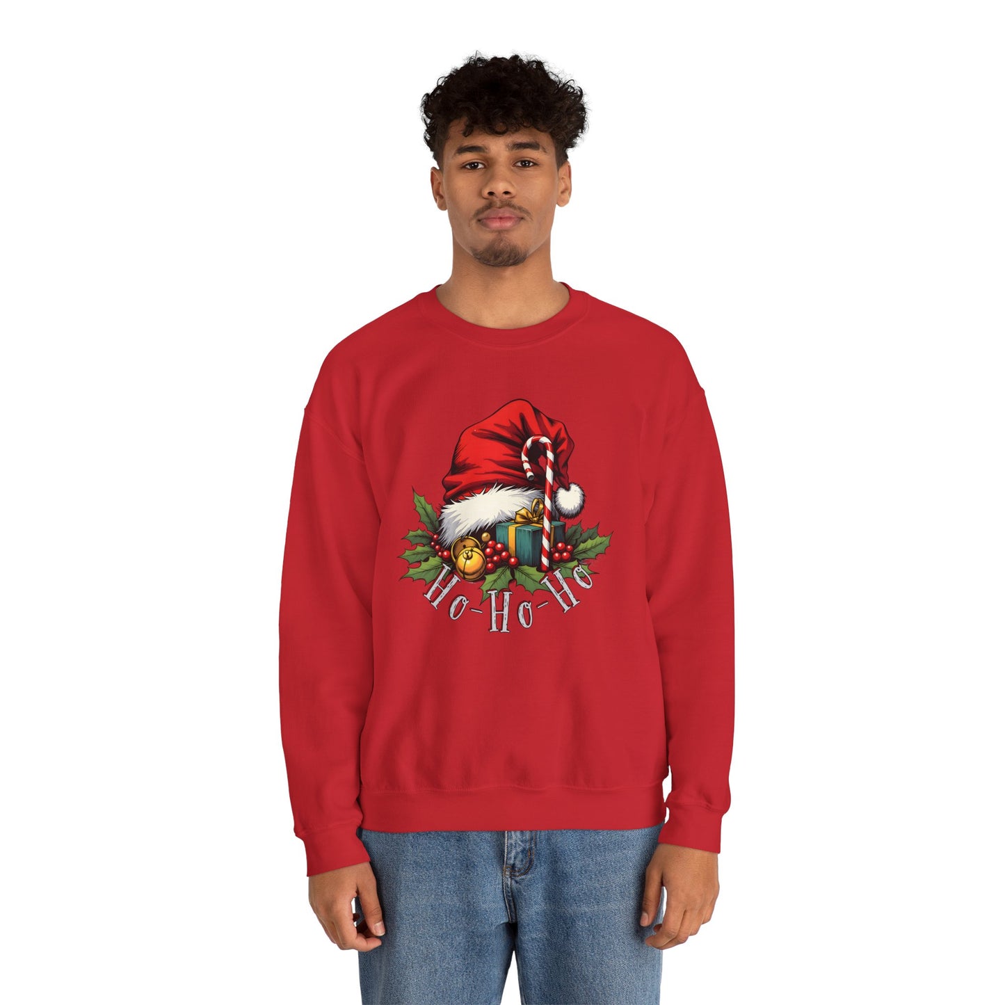 Christmas Sweatshirt - 'Ho-Ho-Ho' Santa Hat & Holly Holiday Crewneck
