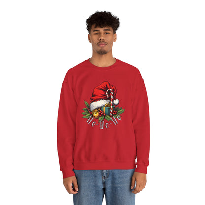 Christmas Sweatshirt - 'Ho-Ho-Ho' Santa Hat & Holly Holiday Crewneck