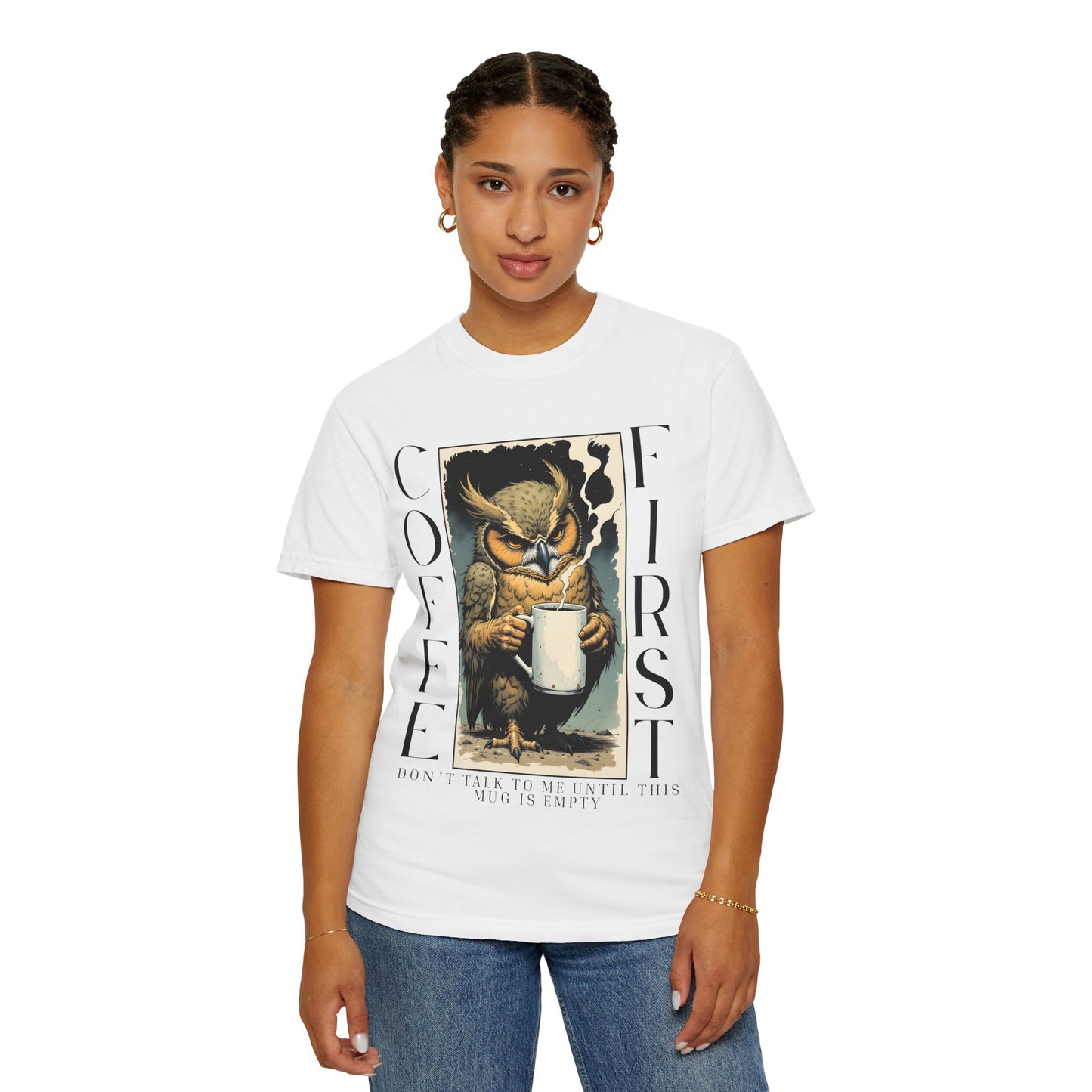 Coffee First Owl T-Shirt — Vintage Owl Holding  Graphic Tee