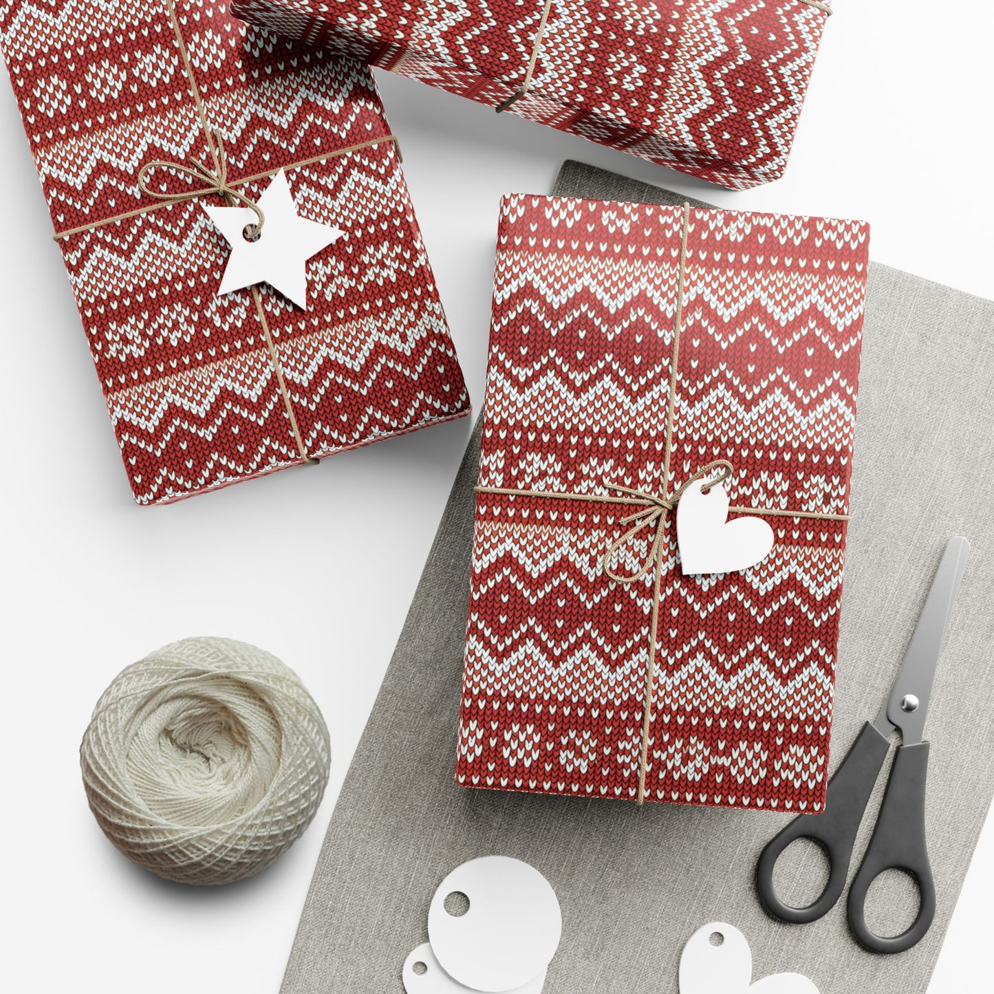 Holiday Knit-Pattern Gift Wrap Paper — Red Nordic Christmas Wrapping Sheets