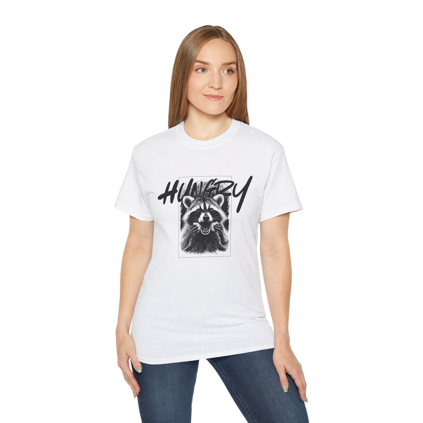 Hungry Raccoon Graphic Tee – Vintage Black & White Animal T-Shirt
