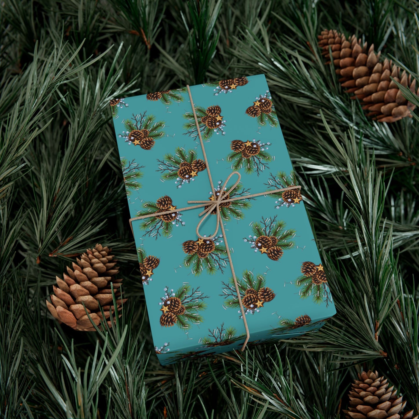 Pinecone Bouquet Gift Wrap - Rustic Teal Holiday Wrapping Paper