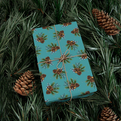 Pinecone Bouquet Gift Wrap - Rustic Teal Holiday Wrapping Paper