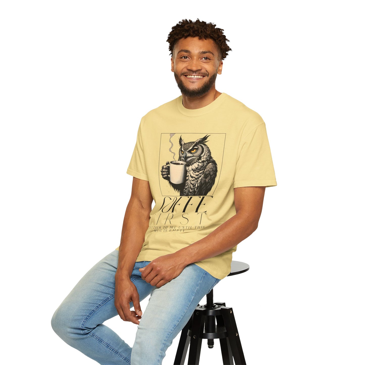 Coffee First Owl T-Shirt — Coffee Lover Graphic Tee