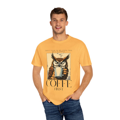 Coffee First Owl T-Shirt — Vintage Coffee Lover Graphic Tee