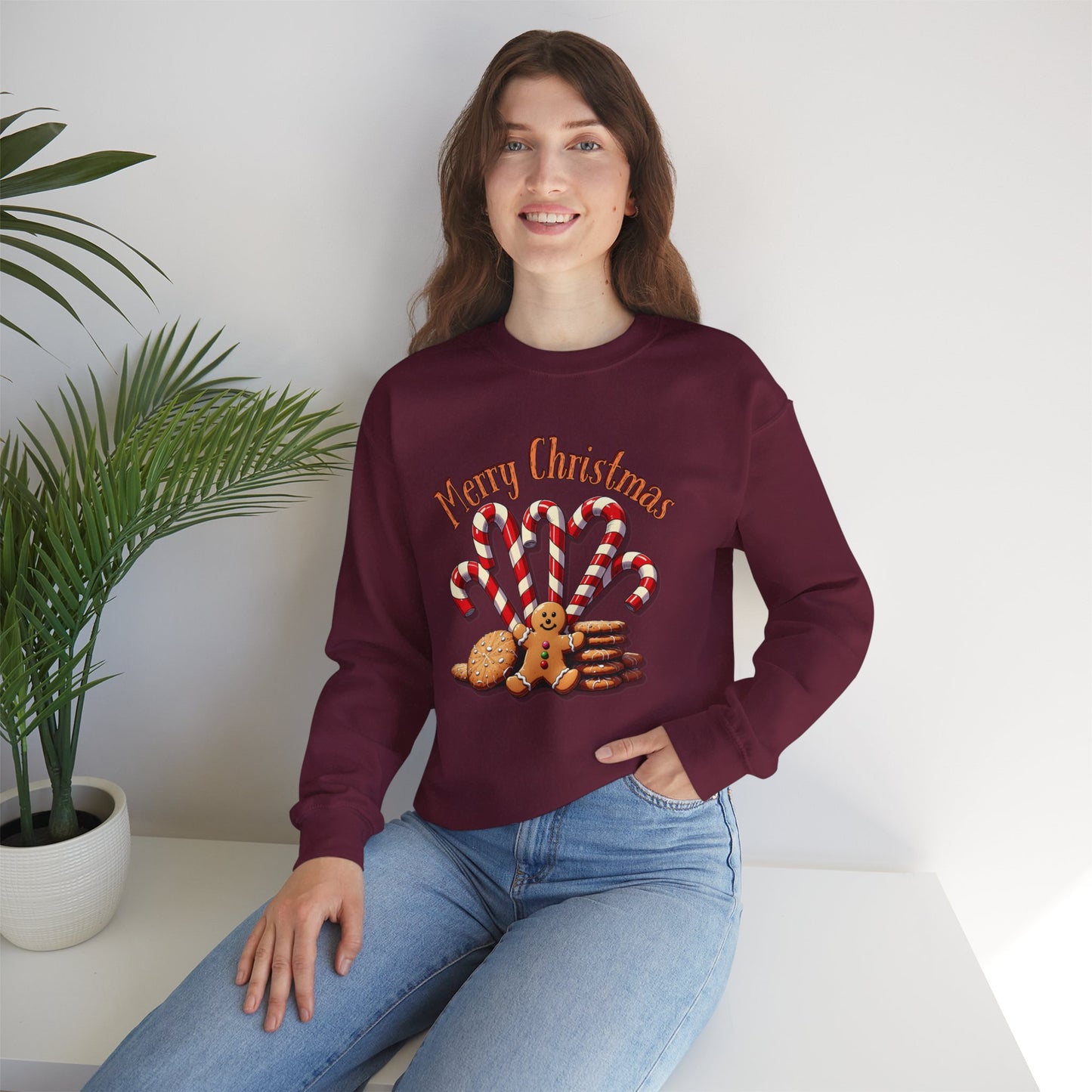 Christmas Candy Canes Crewneck Sweatshirt — "Merry Christmas" Gingerbread Holiday Sweater