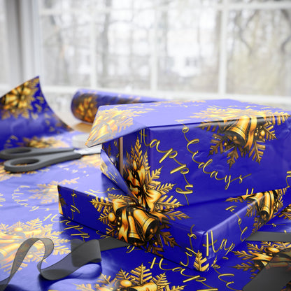 Royal Blue & Gold Holiday Wrapping Paper Roll — Elegant Floral Wreath Pattern