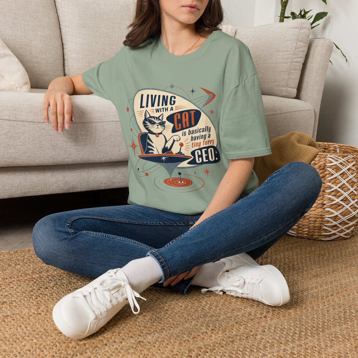 Cat T-Shirt — "Living with a Cat is Basically Having a Furry CEO" Retro Graphic