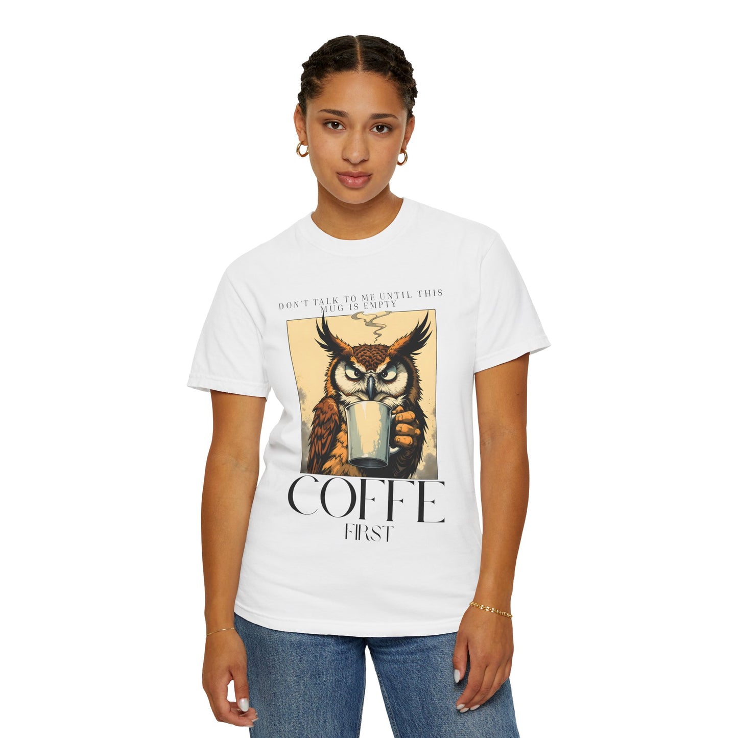 Coffee First Owl T-Shirt — Vintage Coffee Lover Graphic Tee