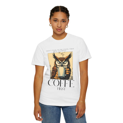 Coffee First Owl T-Shirt — Vintage Coffee Lover Graphic Tee
