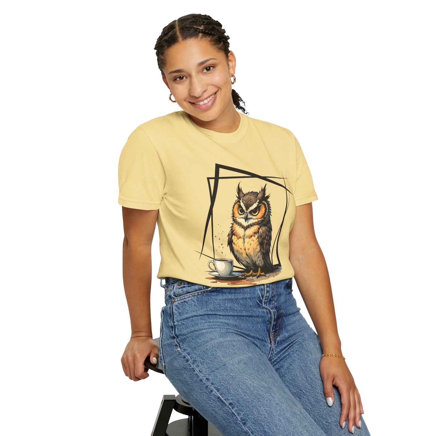 Owl & Coffee Graphic T-Shirt — 'A Day to Coffee and Contemplate'