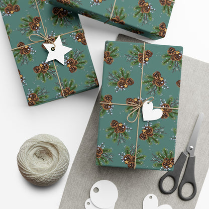 Pinecone & Evergreen Gift Wrap Paper — Holiday Floral Wrapping Sheets