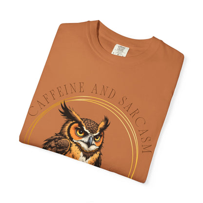 Coffee & Sarcasm Owl T-Shirt — "My Survival Kit" Graphic Tee