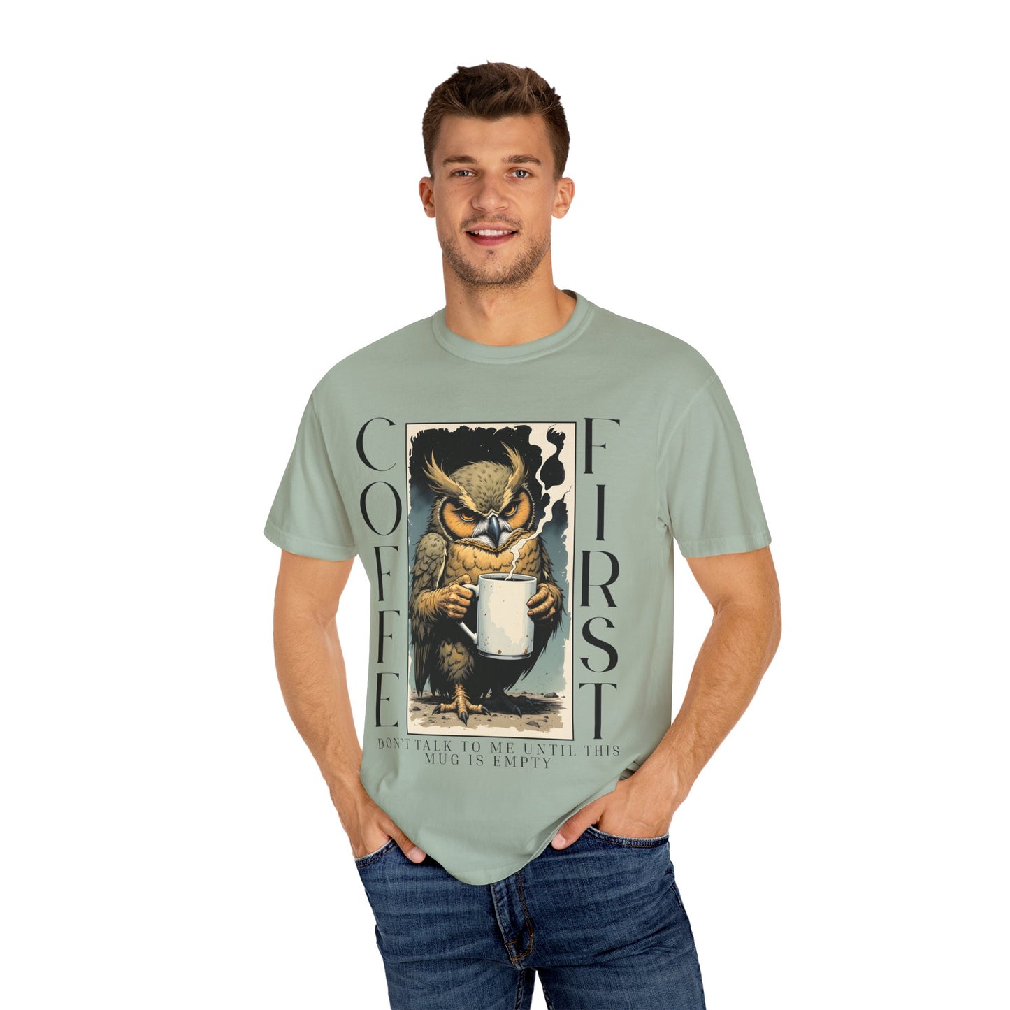 Coffee First Owl T-Shirt — Vintage Owl Holding  Graphic Tee