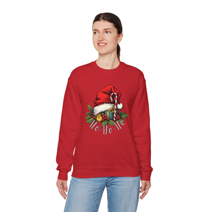 Christmas Sweatshirt - 'Ho-Ho-Ho' Santa Hat & Holly Holiday Crewneck
