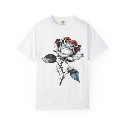 Rose Sketch T-Shirt — Black & Red Botanical Graphic Tee