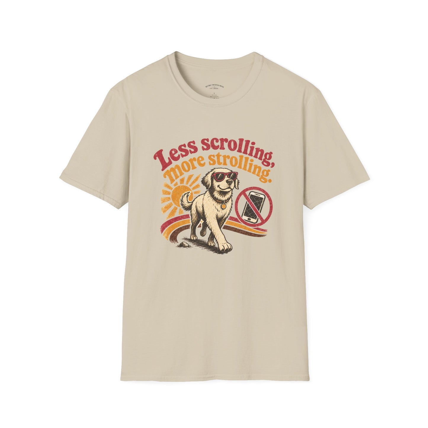 Less Scrolling More Strolling T-Shirt — Retro Dog Walk Graphic Tee