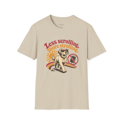 Less Scrolling More Strolling T-Shirt — Retro Dog Walk Graphic Tee