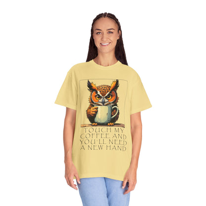 Coffee Owl T‑Shirt - "Touch My Coffee and You'll Need a New Hand" Graphic Tee